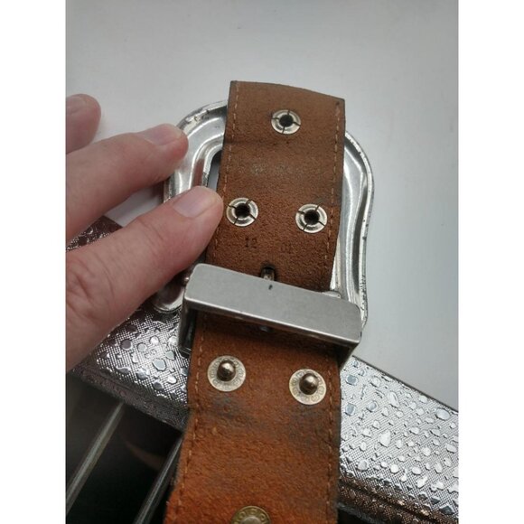 Nocona Western Embroidered Brown Leather Belt With Ornate Silver Buckle & Rhines - Picture 10 of 10